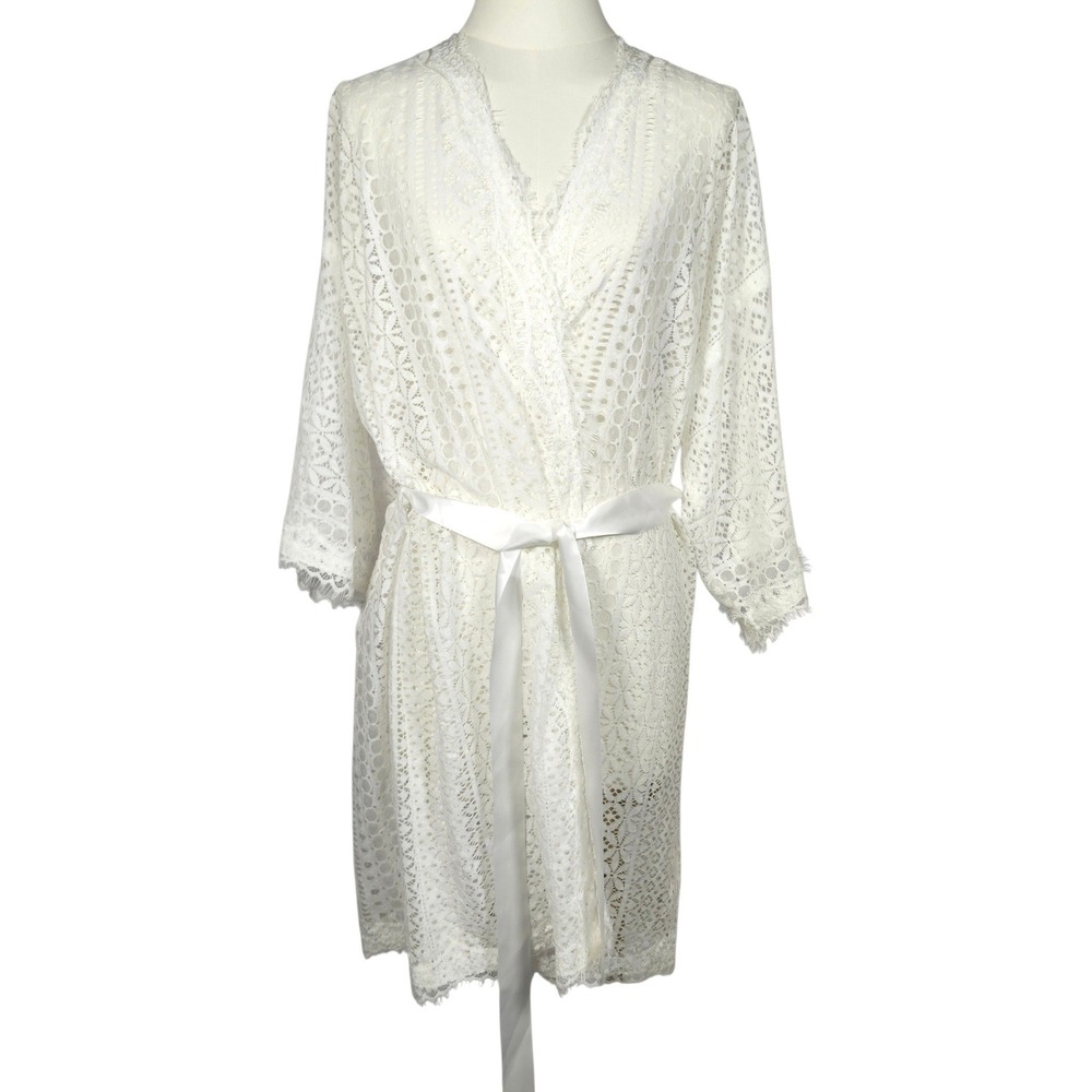 Bridal Lace Robe Women S/M Ivory Floral Eyelash Fringe Romantic Wedding Coquette